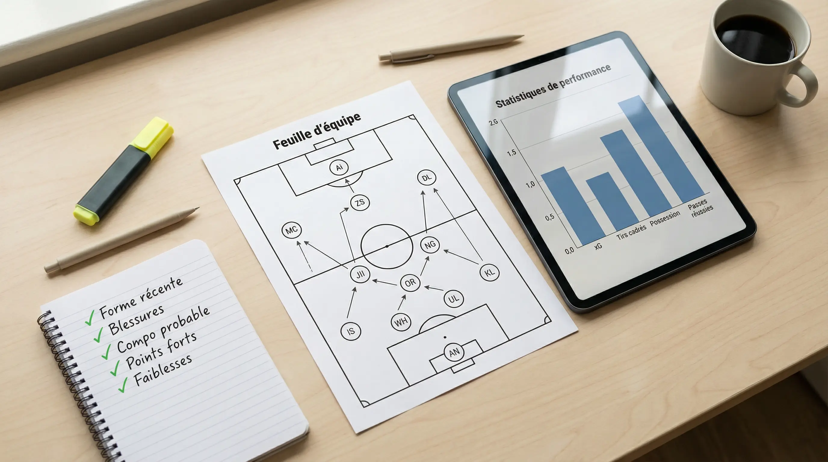 Analyste étudiant les statistiques d'un match de football sur un bureau avec des notes