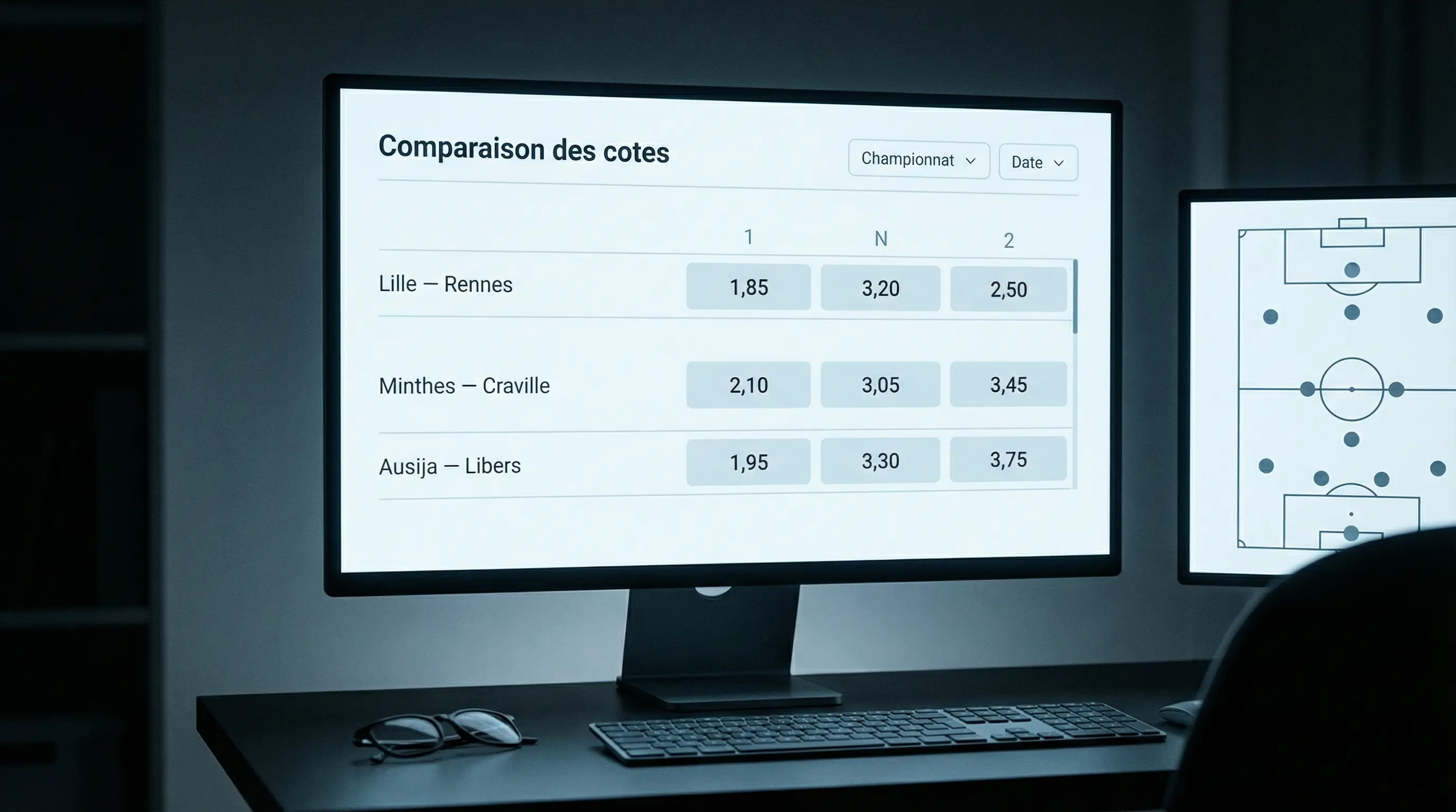 Tableau de cotes décimales affiché sur un écran avec un match de football en arrière-plan