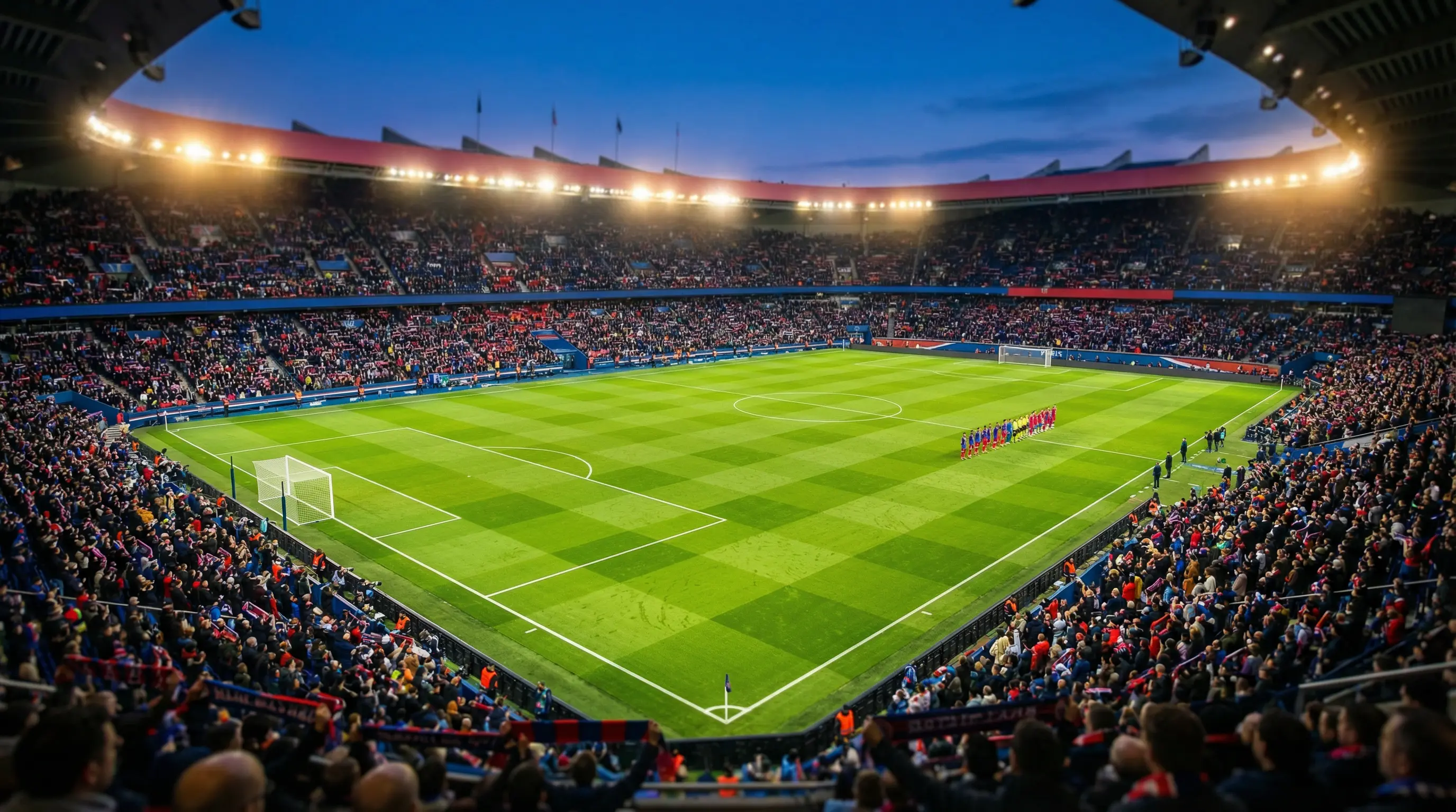 Stade de football illuminé en soirée pour un match de Ligue 1