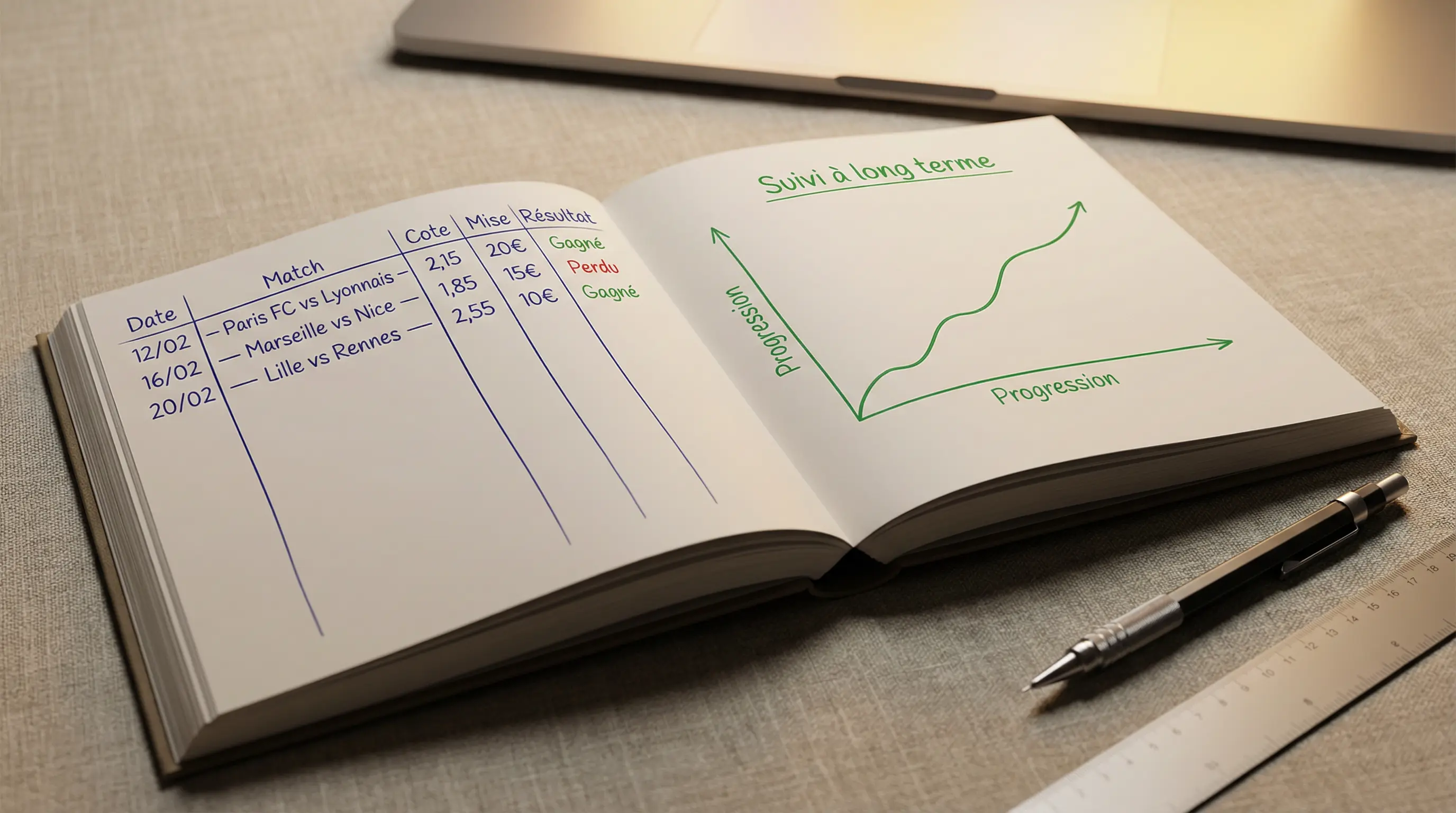 Carnet de notes ouvert avec un plan de paris sportifs football et un stylo